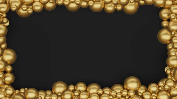 Gold colored metallic balls border on frame with black background. Place for custom text in middle, usable as greeting.