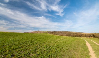 Hustopece şehrinin yakınındaki gözcü kulesi, çiçek açan badem ağacı bahçesine yerleştirilmiş. Güney Moravya bölgesi, Çek Cumhuriyeti. Gün batımında bahar havası.