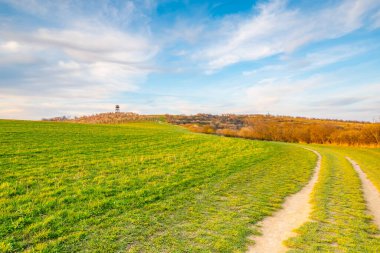 Hustopece şehrinin yakınındaki gözcü kulesi, çiçek açan badem ağacı bahçesine yerleştirilmiş. Güney Moravya bölgesi, Çek Cumhuriyeti. Gün batımında bahar havası.