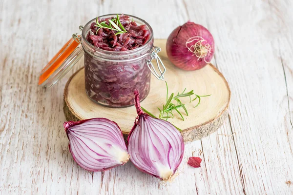 Red Onion Marmalade Placed Wooden Trunk Wood Texture Background Jam — Stock Photo, Image