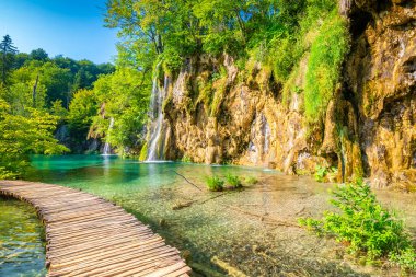 Hırvatistan 'ın Plitvice milli parkındaki tahta patika. Gölün ve şelalenin yanındaki ormanda bir patika. Taze, güzel doğa, huzurlu bir yer. Ünlü turizm beldesi.