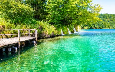 Hırvatistan 'ın Plitvice göllerindeki şelale manzarası. Taze doğanın panoramik manzarası, mavi su ve yeşil ağaçlar.