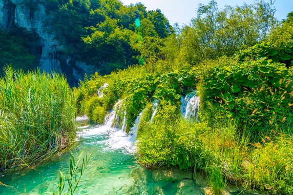 Utsikt Över Vattenfallet Vid Plitvicesjöarna Kroatien Panoramautsikt Över Frisk Natur — Stockfoto