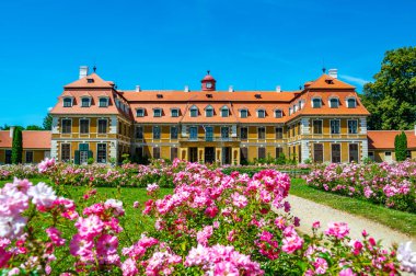 Güneşli bir yaz gününde, Rajec Jestrebi Şatosu 'nun panoramik manzarası. Mavi gökyüzü, çiçek açan pembe güller ve tarihi binanın önünde bir çeşme..