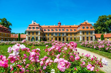 Güneşli bir yaz gününde, Rajec Jestrebi Şatosu 'nun panoramik manzarası. Mavi gökyüzü, çiçek açan pembe güller ve tarihi binanın önünde bir çeşme..