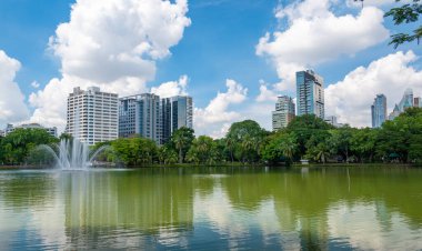 Bangkok 'un panoramik manzarası Lumphini Parkı' ndan yükseliyor, sakin bir göl üzerinde ağaçlar ve palmiyelerle çevrili, kentsel enerjiyi barışçıl doğayla harmanlıyor..