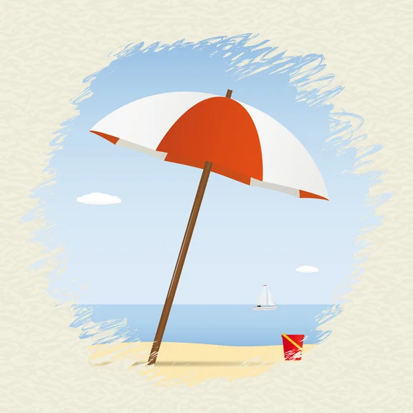 Sommaren-tema. paraply på stranden med yacht — Stock vektor