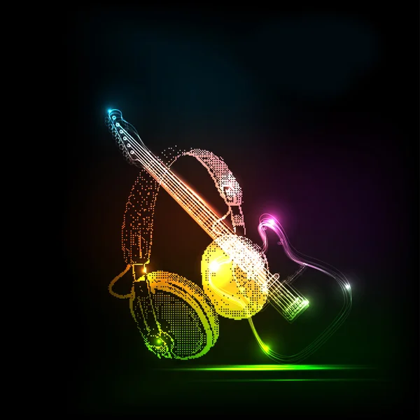 Neon guitar with Headphones, grunge music  easy all editable — Stock Vector