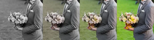 Цветы Руке Жениха Будут Вручены Невесте Свадебной Церемонии — стоковое фото