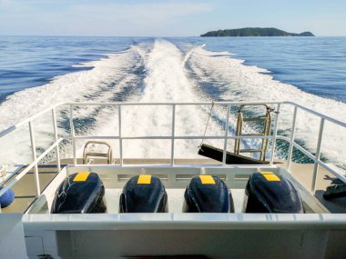 Denizde yüzen bir sürat teknesinin motorları.