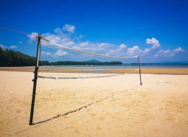 Denizin kumlarında voleybol oynamak için ağ örüyorlar.