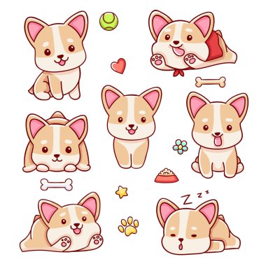 Şirin Corgi köpek seti, uçmak, uyumak, oturmak, avlanmak, çizgi film tarzı.