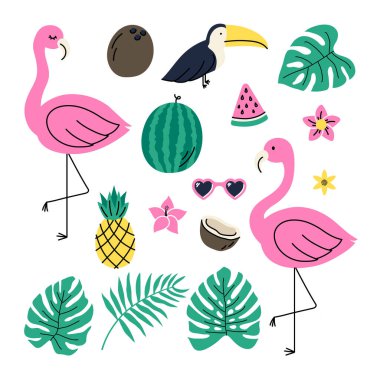 Tropiklerin temasında basit elementleri ayarla. Soyut Düz.