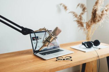 Stüdyo podcast iç dizisi. İçeriden yayın yapın. Podcaster için ev yapımı oda. Ses mikrofonu, dizüstü bilgisayar ve lamba ahşap masada.