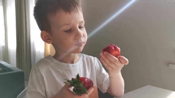Menino se divertindo com um grande morango vermelho, sozinho na moldura — Vídeo de Stock