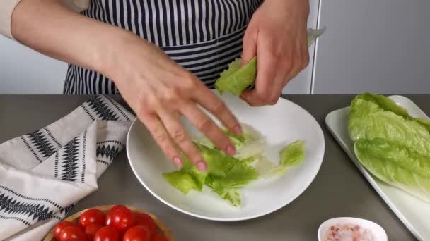 Zbliżenie kucharzy przygotowujących sałatkę cezara, rozdzierających liście rzymskie na białym talerzu — Wideo stockowe