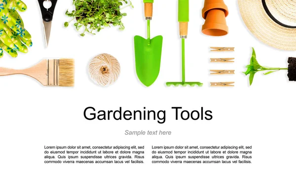 Bahçe, tarım, bahçe aletleri temalı afiş. Temiz, beyaz arkaplan, mesaj için boş alan. Bitkilerin, fidanların ve tohumların bakımı ve ekimi için yalıtılmış bir madde. Poster, oyun faturası