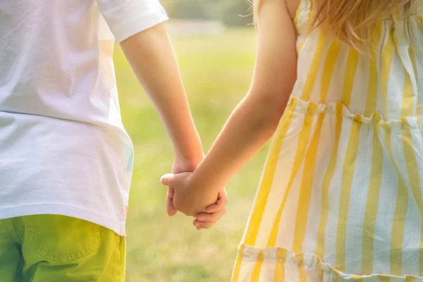 Boy and girl, brother and sister go hand in hand across the field, outdoors. Closeup. A happy family — Stock Photo, Image