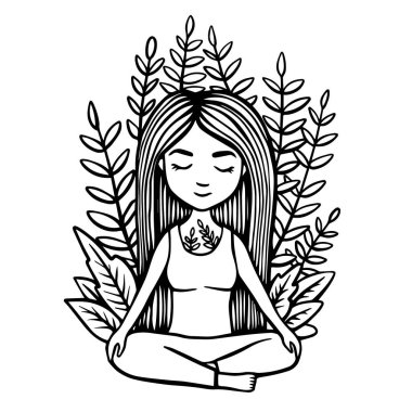 Dalların ve yaprakların arka planında lotus pozisyonunda oturan bir kız. El çizimi vektör stok çizimi. Uyum ve meditasyon konsepti. Eko yoga logosu.