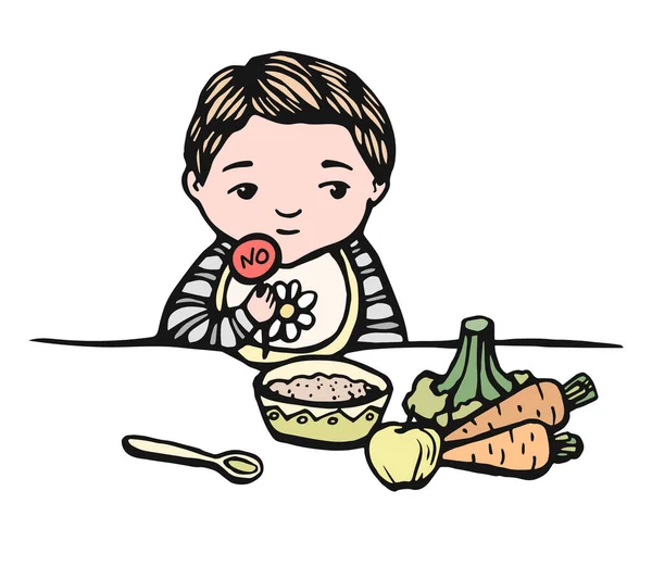 Проблемы с детским питанием. Ручная рисованная линия иллюстрации ребенка с едой: миска, ложка, яблоко, овощи. Ребенок отказывается есть. Ребенок несчастен без знака. красочная векторная иллюстрация. — стоковый вектор