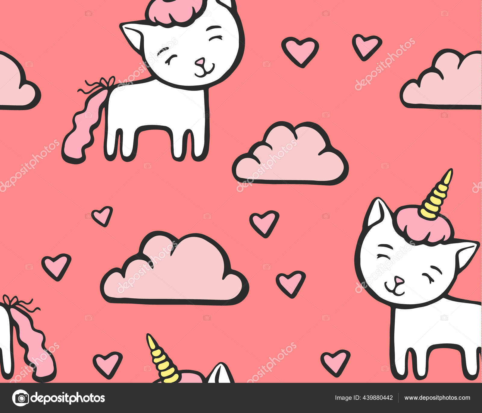 Pola Lucu Dengan Garis Kucing Unicorn Dengan Tanduk Di Langit Latar Belakang Dengan Awan Dan Hati Ilustrasi Vektor Gambar Tangan Untuk Tekstil Atau Wallpaper Stok Vektor Artredboxgmailcom 439880442