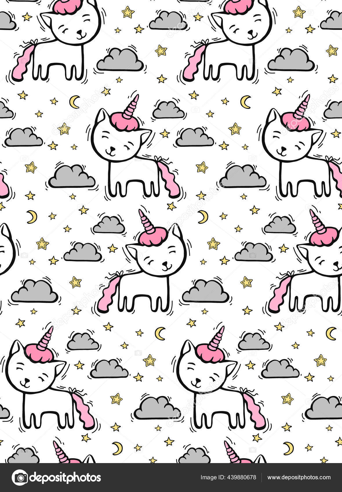 Pola Lucu Dengan Garis Kucing Unicorn Dengan Tanduk Di Langit Latar Belakang Dengan Awan Dan Hati Ilustrasi Vektor Gambar Tangan Untuk Tekstil Atau Wallpaper Stok Vektor Artredboxgmailcom 439880678
