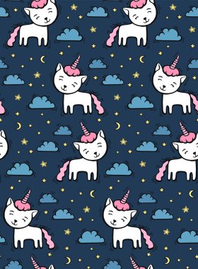 Şirin desenli çizgi kedisi olan tek boynuzlu at gökyüzü arka planında bulut ve kalplerle. Tekstil veya duvar kağıdı için el çizimi vektör çizimi.