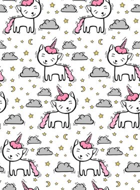 Şirin desenli çizgi kedisi olan tek boynuzlu at gökyüzü arka planında bulut ve kalplerle. Tekstil veya duvar kağıdı için el çizimi vektör çizimi.