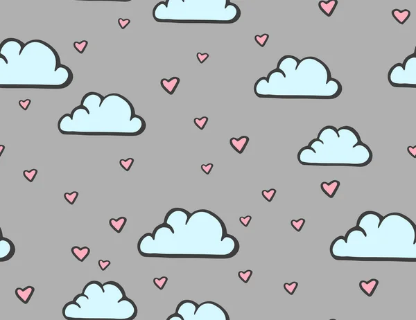 Einfaches, nahtloses Muster mit Wolken und Herzen. Vektorillustration. Netter Babyhintergrund für Textilien. Liebe. Happy Valentine — Stockvektor