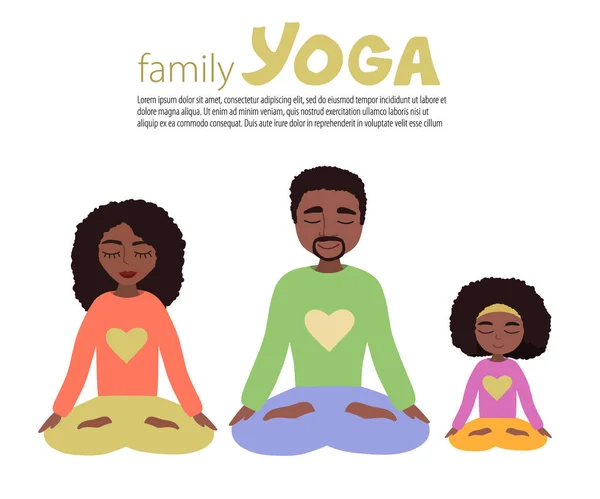 Afrikalı Amerikan Aile Yogası vektör çizimi. Genç sakallı adam, kadın ve kızları Lotus pozisyonunda yoga yapıyorlar.