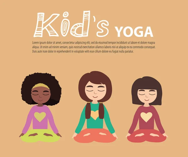 Çocuklar için Yoga vektör illüstrasyonu. Sarı arka planda Lotus pozisyonunda yoga yapan genç kızlar. düz vektör illüstrasyonu.