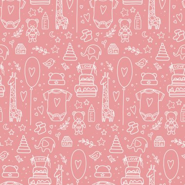 Elle çizilmiş kusursuz bebek deseni. Vektör çizimi. Karalama bebek kalıbı izole edildi. Balonlarla, bayraklarla, oyuncaklarla, şişeyle, pastayla, dallarla, kalplerle, kıyafetlerle çocuk doğum günü şablonu,