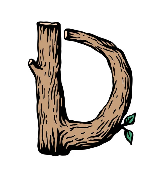 Gravure de couleur Lettre D en bois avec des feuilles sur le fond blanc — Image vectorielle