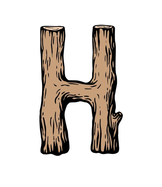 Farbige Gravur Buchstabe H aus Holz mit Blättern auf weißem Hintergrund — Stockvektor