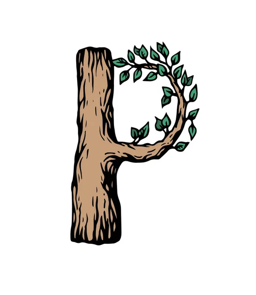 Gravure couleur Lettre P en bois avec des feuilles sur le fond blanc — Image vectorielle