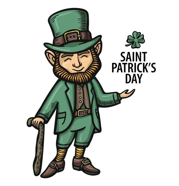 Hand-drawn irish leprechaun with green hat, red mustache and beard and clover. leprechaum. Saint patrick. Vector. Stickers. logo, Emblem. isolated on white background. — Stock Vector