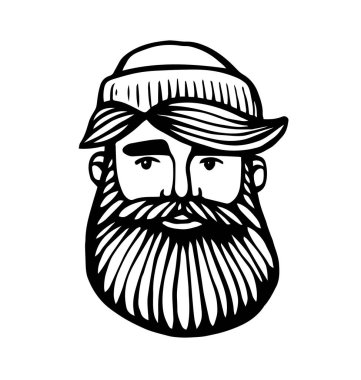 Sakallı hippi. El yapımı Doodle. Vektör Illustration - hisse senedi vektörü. El çizimi çizgi film karakteri. Sakallı adam.