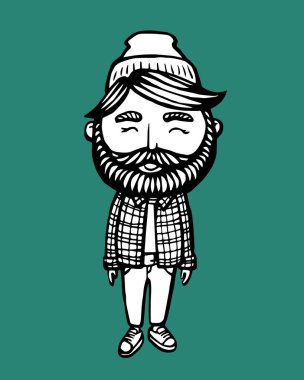 Gülümseyen sakallı hippi. El yapımı Doodle. Vektör Illustration - hisse senedi vektörü. El çizimi çizgi film karakteri. Sakallı adam logosu