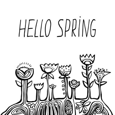 El yazısı harfleri merhaba bahar ve etnik çiçekler. Güzel harflerle yazılmış bir kart. Vektör izole illüstrasyonu.