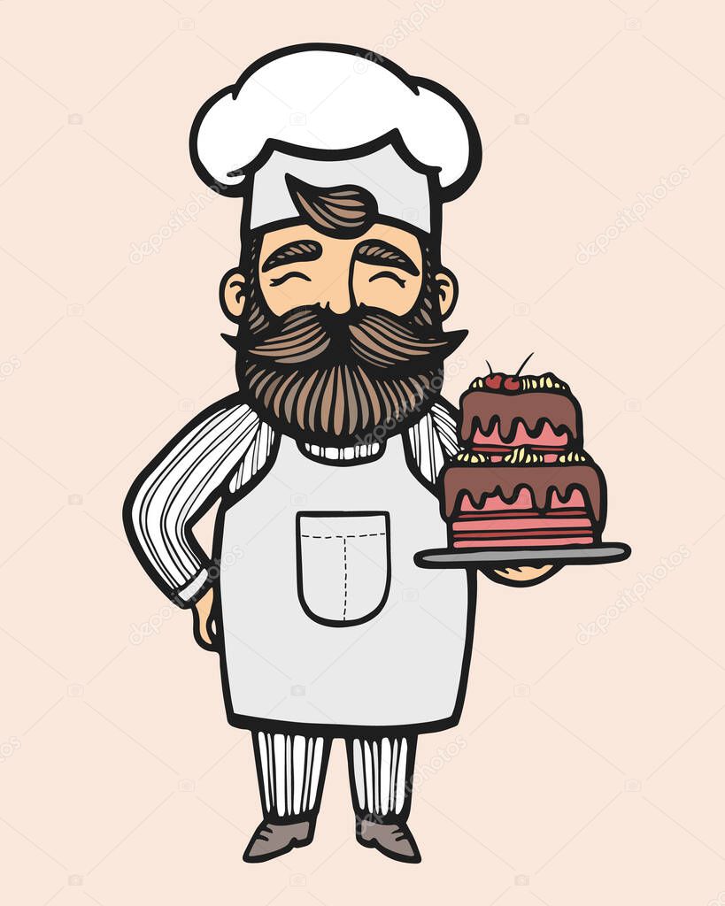 Bakery. Hand drawn vector illustration of chef-cooker with a mustache and cake. chef cake logo. Confectionery logo.