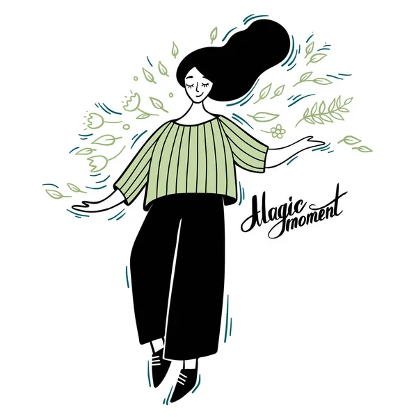 Frau schleudert und tanzt mit Blättern und Blumen. Handgezeichnete Linienvektordarstellung. Inspirationsquelle Konzept. — Stockvektor