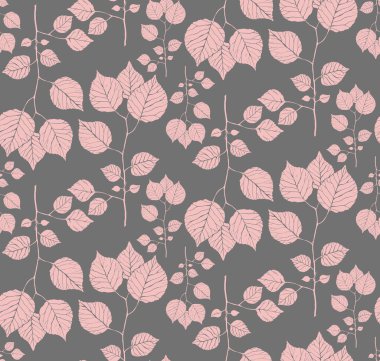 Yapraklı dallarla çizilmiş kusursuz desen. Vektör çizimi. Tekstil ve duvar kağıtları için botanik desen.