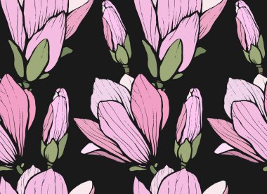 Elle çizilmiş manolya çiçeğiyle kusursuz desen. Vektör çizimi. Tekstil ve duvar kağıtları için botanik desen