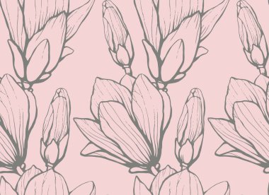 Elle çizilmiş manolya çiçeğiyle kusursuz desen. Vektör çizimi. Tekstil ve duvar kağıtları için botanik desen