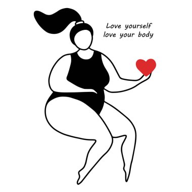 Oversize women on white background with red heart on hand. Flat stock vector famine illustration. Womens day template. Body positive concept.