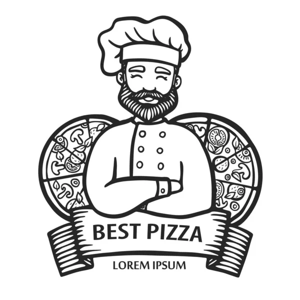 Логотип пиццы. Шеф-повар-хипстер с итальянской пиццей и лентой. Мужчина готовит со скрещенными руками в фартуке. Логотип векторной линии для кафе, доставка. Наклейка, логотип, эмблема — стоковый вектор