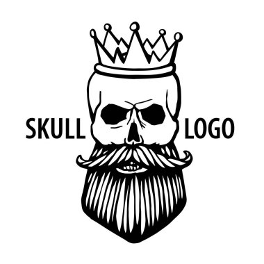 Sakallı ve bıyıklı kafatası ve izole vektör çizimi. Kafatası logosu