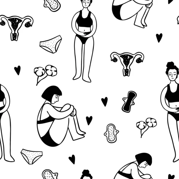 Handritad menstruation sömlöst mönster. Vektorillustration isolerad. Insamling av klotter. kvinnor mönster med mössor, Bomull, kuddar, trosor, flickor kropp. Eco noll weste konceptet. — Stock vektor