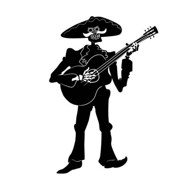El mariachi iskelet müzisyeni. Dia de los muertos gitarist karakteri. Dış hatları olan siyah beyaz bir siluet. Cadılar Bayramı için vektör illüstrasyonu.