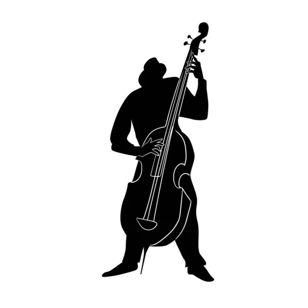 矛盾的低音演奏者爵士乐或蓝调音乐家演奏的是相反的低音 黑色和白色孤立的轮廓轮廓 矢量说明 — 图库矢量图片